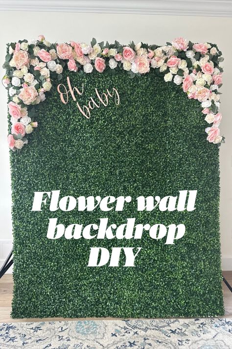 Flower wall, boxwood wall, DIY, for showers, wedding, birthday decor. Flower Wall Backdrop Birthday, Hedgewall Backdrop With Flowers, How To Make A Boxwood Backdrop, Grass And Flower Wall, Flower Wall Diy Photo Backdrops, Diy Boxwood Wall Backdrop, Flower Wall Photo Backdrops, Greenery Backdrop With Flowers, Diy Floral Wall Backdrop