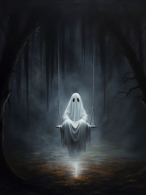 An oil painting of a ghost on a swing in a dark forest. Ghost Drawing Ideas, Gothic Art Painting, Gothic Art Victorian, Ghost Art Cute, Cottagecore Artwork, Ghost Artwork, Ghosts Art, Ghost Paintings, Painting Cottagecore