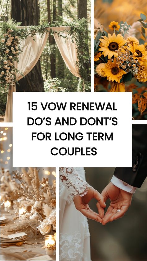 Here are 15 Vow Renewal Do’s And Dont’s. Whether you're celebrating a milestone anniversary or simply wanting to reaffirm your love, make sure to keep these tips in mind for a meaningful and memorable ceremony. Vow Renewal Bouquet, How To Do A Vow Renewal Ceremony, Vow Renual Ideas, Dark Vow Renewal, Vow Renewal Timeline, Autumn Vow Renewal Ideas, Farmhouse Vow Renewal, Vow Renewal Color Schemes, Beach Wedding Vow Renewal