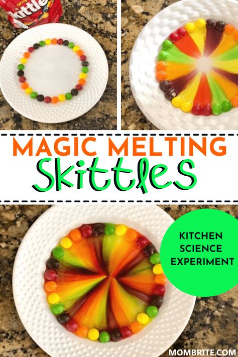 Rainbow Water Science Experiment, Skittles Milk Experiment, Cool At Home Science Experiments, Make A Rainbow Experiment, Magic Rainbow Experiment, New Years Experiments For Kids, Colour Science Experiments For Kids, Rainbow Skittles Science Experiment, Skittle Rainbow Experiment