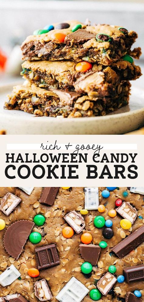 Wondering what to do with your leftover Halloween candy? Make the most delicious halloween candy cookie bars! They're gooey in the center, chewy on the edges, and not too sweet even with all that candy! #halloween #halloweencandy #halloweendessert #cookiebars #halloweencookies #butternutbakery || butternutbakeryblog.com Candy Cookie Bars, Chewy Cookie Bars, Halloween Candy Recipes, Halloween Candy Bar, Candy Bar Cookies, Leftover Candy, Leftover Halloween Candy, Gooey Cookies, Candy Cookie