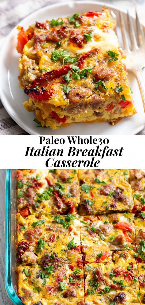 This Italian breakfast casserole is packed with goodies!  Sausage, sun dried tomatoes, peppers, onions, garlic, spices, and a creamy egg mixture!  It's Paleo and Whole30 compliant, great to make ahead, and family approved.  #paleo #whole30 #cleaneating #Cooking Paleo Running Momma, Grain Free Breakfast, Whole 30 Meal Plan, Italian Breakfast, Whole 30 Breakfast, Keto Foods, Paleo Whole 30, Paleo Breakfast, Sun Dried Tomatoes