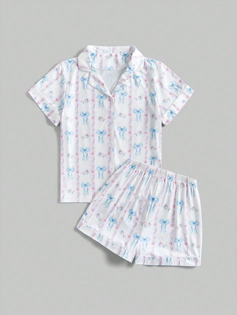 Butterfly And Floral Print Short Sleeve Pajamas Set With Lapel And Button Placket, Palace Style For Women, School Multicolor Cute    Plants,All Over Print Short Sets Slight Stretch Summer Women Sleep & Lounge, size features are:Bust: ,Length: ,Sleeve Length: Pjs Preppy, Coquette Pjs, Romwe Kawaii, Preppy Pjs, Cute Pajamas For Women, Cute Pj Sets, Kawaii Butterfly, Pyjamas Summer, Cute Nightwear