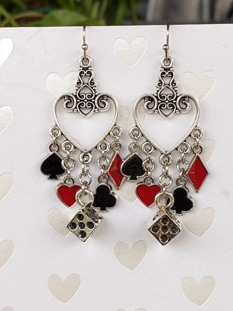 Poker  Blackjack  Craps  Heart Shape 5 Hoop Earrings  Fun and Lucky Dangling Dice Earrings with  Enamel ♣️♥️♠️♦️ playing card suit charms Playing Card Accessories, Playing Card Necklace, Queen Of Hearts Earrings, Queen Of Hearts Accessories, Playing Card Outfit, Poker Jewelry, Clown Earrings, Heart Dice, Promotion Dresses