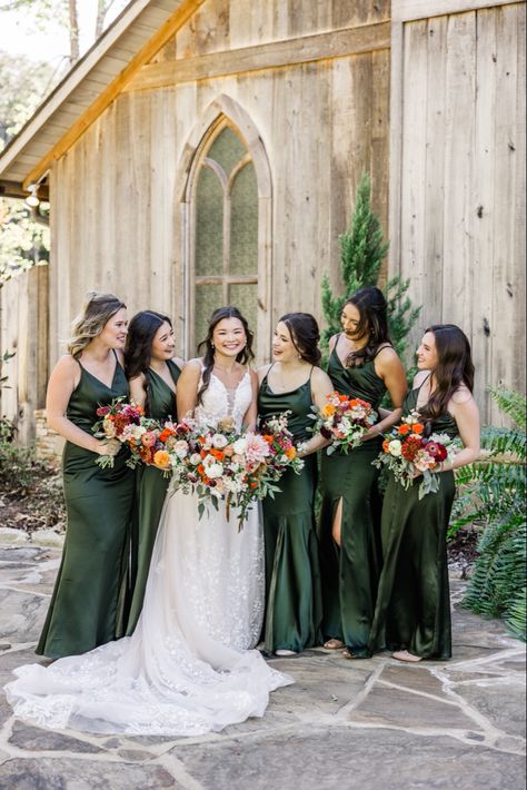 Spring Wedding Colors Olive Green, Autumn Wedding Green Bridesmaid Dresses, Flowers With Emerald Green Bridesmaid Dress, Autumn Velvet Bridesmaid Dresses, Burnt Orange And Dark Green Bridesmaid Dresses, Autumn Green Bridesmaid Dresses, Green Forest Bridesmaid Dress, Emerald Green Wedding With Bright Flowers, Dark Green Satin Bridesmaid Dress