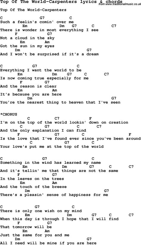 Top Of The World Carpenters, Song Guitar Chords Lyrics, Uke Chords, Ukelele Chords Ukulele Songs, Easy Ukulele Songs, Song Chords, Love Song Lyrics, Ukulele Chords Songs, Easy Guitar Songs