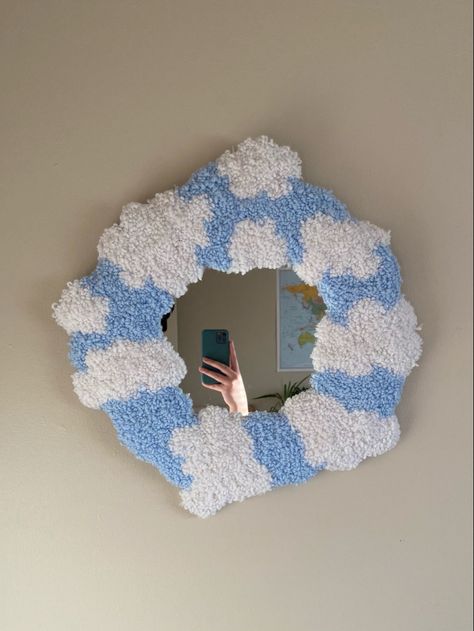 Punch Needle Rug Mirror, Punch Needle Cloud, Punch Needle Mirrors, Aesthetic Punch Needle, Punch Needle Mirror Frame, Rug Mirror Frame, Tufting Patterns, Tufting Mirror, Punch Needle Frame