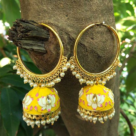 Festive Yellow Elegant Jhumkas, Traditional Yellow Jhumkas For Festive Occasions, Elegant Yellow Jhumkas For Gift, Yellow Jhumka Earrings, Yellow Festive Jhumkas, Earrings For Saree, Bridal Jewelry Sets Indian, Udaipur Wedding, Indian Jhumka