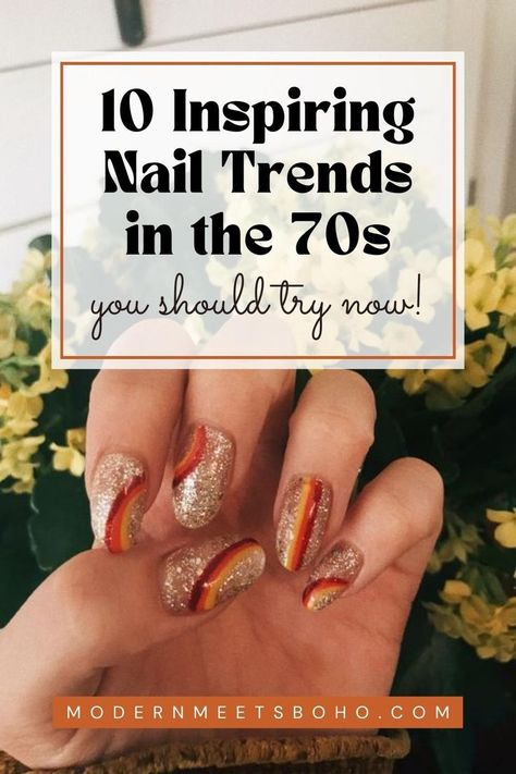 Explore some inspiring nail trends in the 70s and transport your style to the iconic era. The 1970s were a playground for creativity, with bold and daring beauty choices. Embrace these 10 inspiring 70s nail trends and retro nail ideas & celebrate the disco-charged days! 70s French Manicure, Nails In The 70s, 1970 Nails Design, Sns Nail Ideas Fall, 70s Nails Retro Fall, 70s Inspired Nails Short, Retro Design Nails, Disco Nail Ideas, 70s Disco Nail Designs