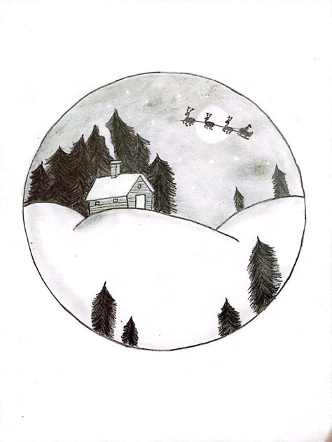 Show the night view with the night moon and twinkly stars and snowy ground. I sketch this christmas scenery in the circle Some draw curve lines to show the snowy ground.draw the cosy warm house.Draw the trees in different places. Also I draw the moon and stars. Then I drew Santa and his reindeer, showing the fly in the sky. I shade dark in the sky because it looks like night. Light shade in the snowy ground with outlines.then i refine the christmas scenery,look beautiful and awesome. Draw The Moon, Fly In The Sky, Christmas Sketch, How To Draw Santa, The Moon And Stars, Christmas Landscape, Santa And His Reindeer, Christmas Scenery, Landscape Sketch