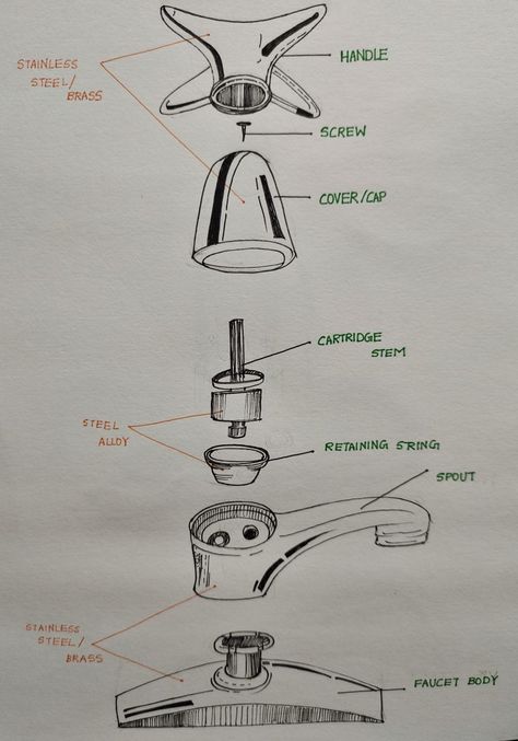 Exploded View Of Objects, Tap Sketch, Exploded View Sketch, Object Drawings, Design Assignments, View Sketch, Product Sketches, Shapes Drawing, Geometric Shapes Drawing