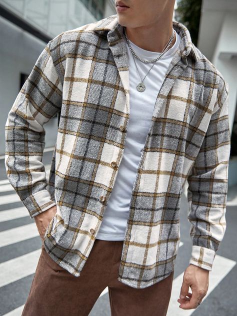 Multicolor Casual Collar Long Sleeve Woven Fabric Plaid Regular Embellished Non-Stretch  Men Clothing 50 Degree Weather Outfit Men, Mens 60s Outfits, Mens Winter Fits, Christmas Men Outfit, Men’s Winter Outfits, Mens Style Fall, Rainy Day Outfit Men, Winter Fashion For Men, Fall Outfits For Men