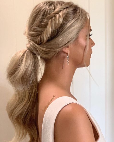 Ponytail + Fishtail braid ✨ Bridesmaid hair inspo by @jodycallanhair Glow by my girl @makeupby_andri . . Accepting Bridal bookings for 2020… Fishtail Braid Bridesmaid, Ponytail Fishtail Braid, Braid Bridesmaid Hair, Bridesmaid Hair Ponytail, Bridesmaid Hair Braid, Bridesmaid Hair Inspo, Bridemaids Hairstyles, Cute Prom Hairstyles, Updo Bridesmaid