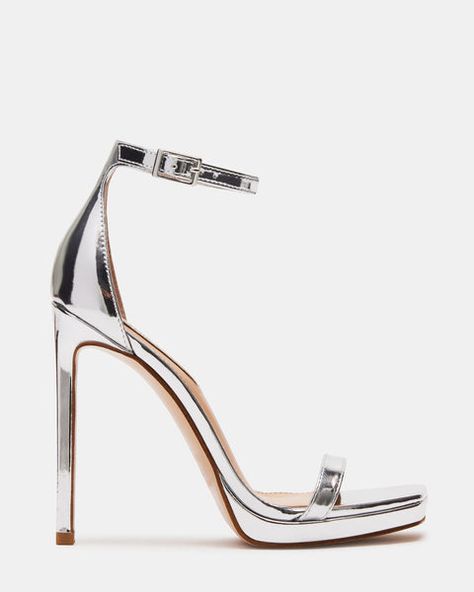 IRIDESSA Silver Square Toe Stiletto Heel | Women's Heels – Steve Madden Stiletto Sandals Ankle Straps, Diesel Heels, Silver Heels Prom, Silver Sandals Heels, Silver High Heels, Prom Heels, Silver Sandals, Womens Shoes High Heels, Silver Heels