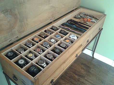 Homemade watch boxes Watch Organizer Diy, Edc Storage, Watch Display Case, Mens Watch Box, Watch Diy, Watch Organizer, Diy Display, Watch Stand, Watch Boxes