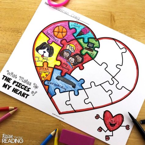 Raise The Bar Reading on Instagram: “❤️🧡💛What Makes Up the Pieces of My Heart ♥️💙💜Such a fun, no prep Valentine’s activity for students to share what they love and let their…” Valentines Craft For Elementary Students, Elementary School Valentine Crafts, Heart Crafts For Kindergarten, Valentines Crafts For Students, What Makes Up The Pieces Of My Heart Activity, Health Activities For Elementary School, Grade 2 Valentines Day Art, Arts And Crafts For Students, Valentine’s Day Counseling Activities