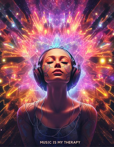 A digital art portrait of a woman listening to music on headphones Power Of Music Art, Music Fantasy Art, Music Is Therapy, Feel Good Music, Music Is My Therapy, Ethereal Music, Therapy Design, Art Design Inspiration, Spiritual Music