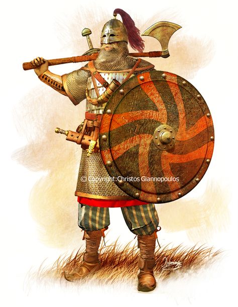 Varangian In Native Russian Armor by ChrisHistoryartworks on DeviantArt Byzantine Warrior, Russian Knight, Dark Dungeon, Byzantine Army, Varangian Guard, Arte Viking, Costume Viking, History Pics, Viking Armor