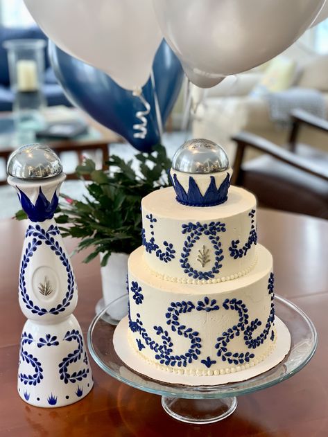 Cruz Azul Party Ideas, 40th Birthday Tequila Theme, Casa Azul Tequila Theme Party, Blue And White Mexican Party, Clase Azul Party Ideas, Papel Picado Cake, Talavera Cake Ideas, Clase Azul Birthday Theme, Mexican Theme Party For Men