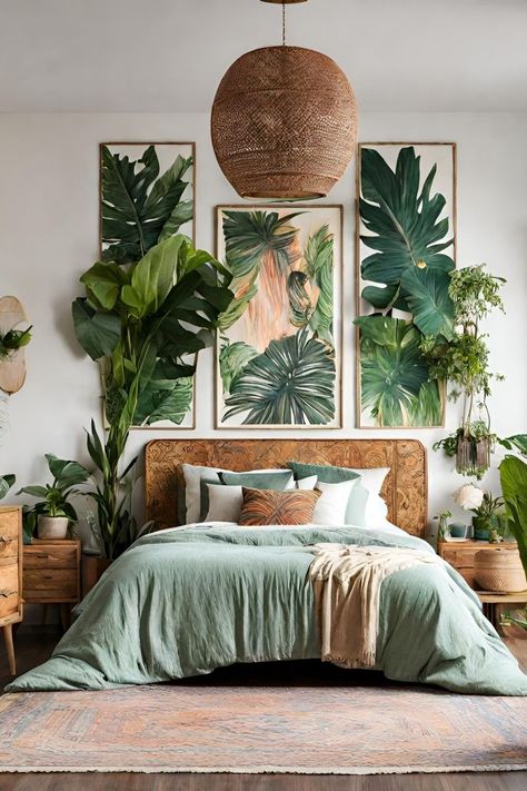 21 Modern Boho Jungle Themed Bedroom Ideas Boho Jungle Bedroom, Tropical Theme Bedroom, Jungle Bedroom Theme, Jungle Theme Rooms, Jungle Themed Bedroom, Jungle Themed Room, Jungle Bedroom, Tropical Bedrooms, Jungle Room