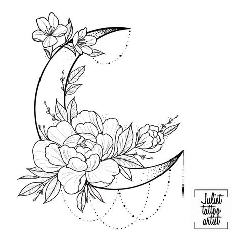 Flower And Moon Tattoo Designs, Aster Flower Moon Tattoo, Mirror Image Tattoo, Moon Tattoo Sleeve Women, Half Moon Flower Tattoo, Small Moon And Flower Tattoo, Intricate Moon Tattoo, Thigh Moon Tattoo, Crescent Moon And Flower Tattoo