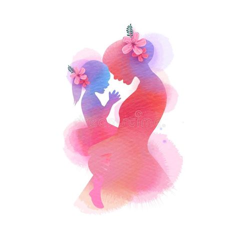 Happy mother`s day. Side view of Happy mom with daughter silhouette plus abstract watercolor painted.Happy mother`s day. Doubl vector illustration Mother And Daughter Drawing, Mom With Baby, Mother Daughter Art, طفلة حديثة الولادة, Pregnancy Art, Baby Silhouette, Mother Art, Baby Illustration, Baby Painting