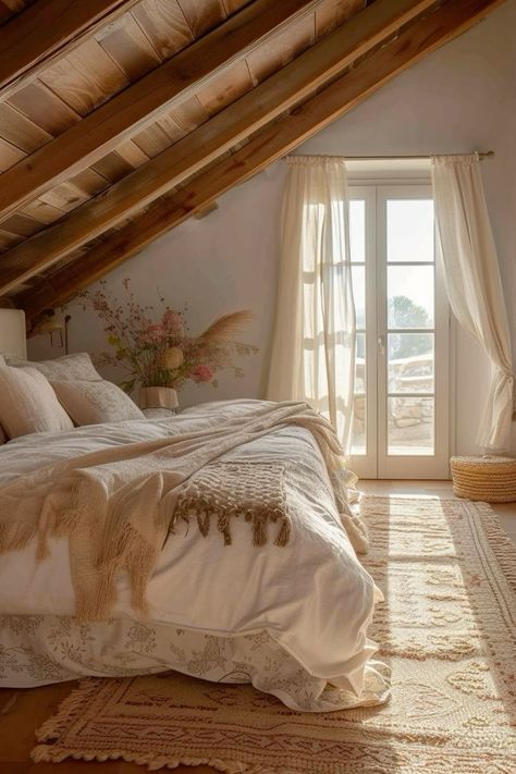 Wooden Attic Bedroom, Tiny Room Layout Bedrooms, Attic Bonus Room Ideas Slanted Ceiling Upstairs Bedroom, Half Story Bedroom Ideas Sloped Ceiling, Warm Cozy Bedroom, Top Bedroom Ideas, Cozy Cottage House, Bedroom Inspiration Cozy, Attic Bedroom Designs