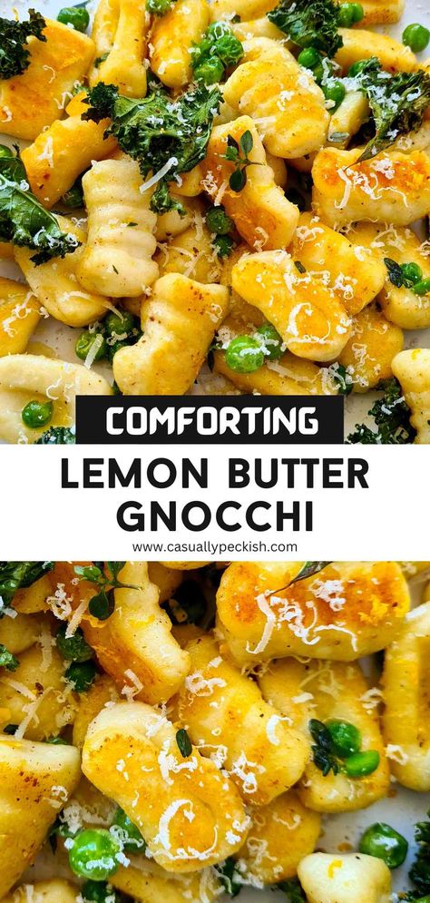 Close up of golden gnocchi with captions Gnocchi In Butter Sauce, Gnocchi Dishes Vegetarian, Gnocchi Lemon Butter Sauce, Savoury Lemon Recipes, Lemon Pepper Gnocchi, Lemon Butter Gnocchi, Gnocchi Recipes Lemon, Light Gnocchi Recipes, Salmon Gnocchi Recipe