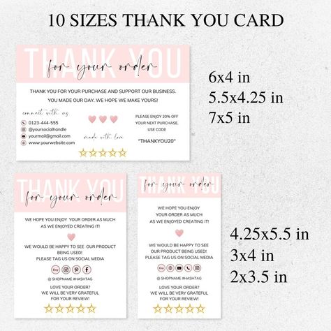 Pink Thank You Cards I Editable Canva Template, Thank You for Order Packaging Insert, Printable Small Business Card, Bakery Thank You Card. - Etsy Italy Thank You Card For Bakery Business, Order Packaging, Thank You Card Size, Small Business Cards, Bookkeeping Templates, Business Thank You Cards, Bakery Business, Graphic Design Lessons, Business Thank You