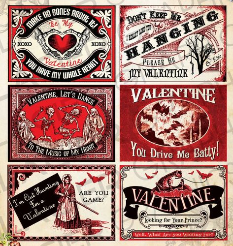 Set of 6 goth victorian valentine cards, created with vintage prints, famous artwork and my own created goth ephemera for non-traditional valentine fans. This listing includes a beautiful set of Vintage Gothic Valentine altered art trade cards that measure 3.5" to 2.5" in width and you get 2 different sets of labels on 8.5 inch x 11 inch printable sheets.  They can easily be resized up or down using your scale option when you print (not up more than 120% or they become blurry).  All you have to Valentine Cards Diy, Goth Valentines, Skeleton Valentine, Whiskey Art, Creepy Crafts, Teen Library, Goth Things, Goth Vintage, Casual Goth