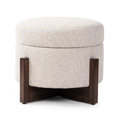 Esben Storage Ottoman Sattley Fog Four Hands Stylish Ottomans, Round Storage Ottoman, Unique Storage, Round Storage, Round Ottoman, Loose Top, Upholstered Storage, Upholstered Ottoman, The Plaza