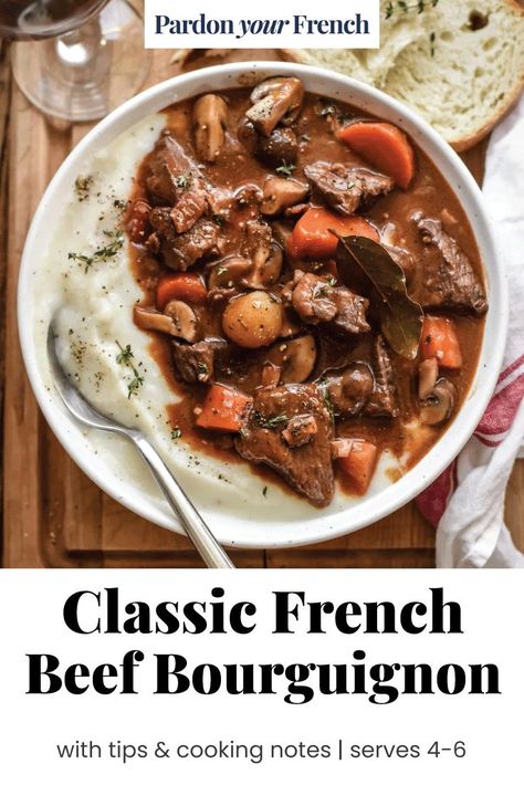 French Beef Bourguignon, French Recipes Dinner, French Recipes Authentic, French Cuisine Recipes, French Cooking Recipes, Beef Bourguignon Recipe, Traditional French Recipes, Beef Bourguignon, French Dishes