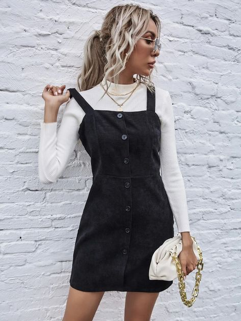 Single Breasted Front Cord Cami Dress | SHEIN USA Shirt Under Dress, Cord Pinafore Dress, Corduroy Dress, Apron Dress, Pinafore Dress, Outfit Inspo Fall, Overall Dress, Dress Outfit, Cami Dress