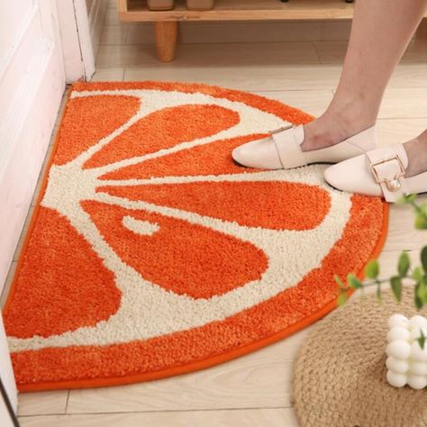 PRICES MAY VARY. Half Round Rug-- Cute fluffy yellow / orange half round rug, orange fruit half circle floor rugs for living room, dinning room, kitchen, bedroom, bathroom. Three size options: 16x24inch(40x60cm), 20x31.5inch(50x80cm), 24x35inch(60x90cm), made of microfiber, flocked process, thick fluff surface, soft and skin friendly, rapid water absorption, anti slip TPR bottom. The floor rug underlay should be CLEAN, FLAT, and DRY before placing the rug on the floor Fruit Rug -- yellow half ro Orange Bathroom Rug, Fruit Rug, Round Bathroom Rugs, Kitchen Doorway, Small Bathroom Rug, Soft Bathroom, Cute Bath Mats, Orange Bathrooms, Orange Slice