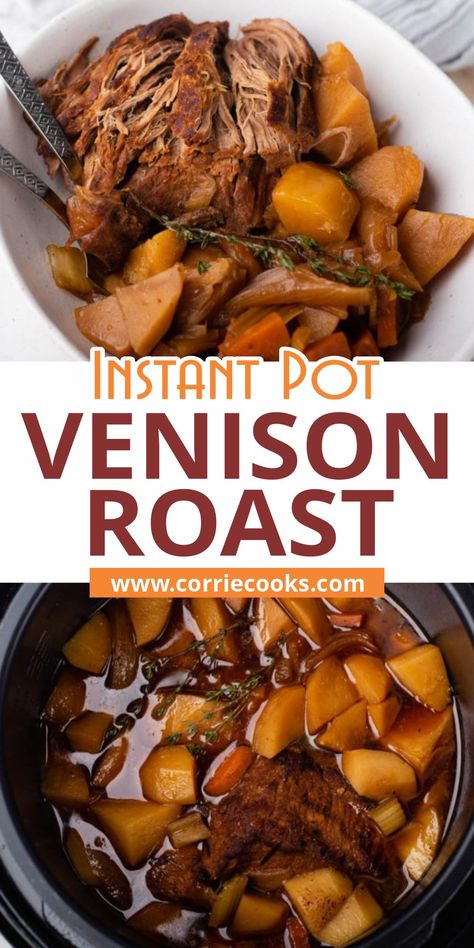 Instant Pot Venison Roast, Venison Roast Crockpot, Roast In The Instant Pot, Carrots Cooked, Garlic Broth, Venison Backstrap Recipes, Backstrap Recipes, Deer Steak, How To Cook Venison