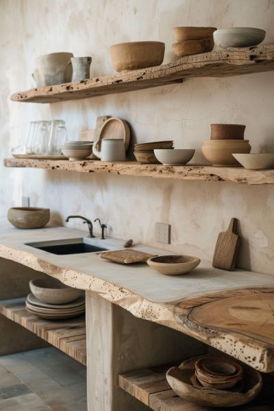 18 Wabi-Sabi Kitchen Interior Ideas You Will Love! (Concept Designs) - My Decor Inspo Wabi Sabi Kitchen Inspiration, Wabi Sabi Shelves, Kitchen Wood Design, Cob House Interior, Wabi Sabi Furniture, Wabi Sabi Kitchen, Wabi Sabi House, Rustic Design Style, Wabi Sabi Home Decor