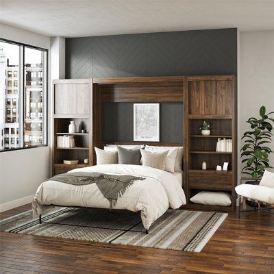 This platform murphy bed gives you a spot to sleep without sacrificing the style of your guest room or home office. It folds against the wall when you need extra floor space, and it blends seamlessly into the background as a bookcase or cabinet when not in use. The structure is crafted from engineered wood, and it comes in a sleek, solid finish for a modern touch. Two storage compartments, one on each side, include a cabinet, drawer, and multiple shelves to tuck away items and display decor. A b Bedside Bookcase, Full Size Murphy Bed, Queen Murphy Bed, Storage Cabinet With Drawers, Queen Mattress Size, Room Additions, Wall Bed, Open Frame, Frame Headboard