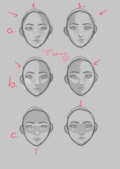 Shade Face Reference, Understanding Lighting Drawing, Shadow Placement Drawing, Above Lighting Reference Drawing, Shading Guide Face, Front Face Lighting Reference, Shading Traditional Art, Lighting From Above Reference Face, How To Draw Dramatic Lighting