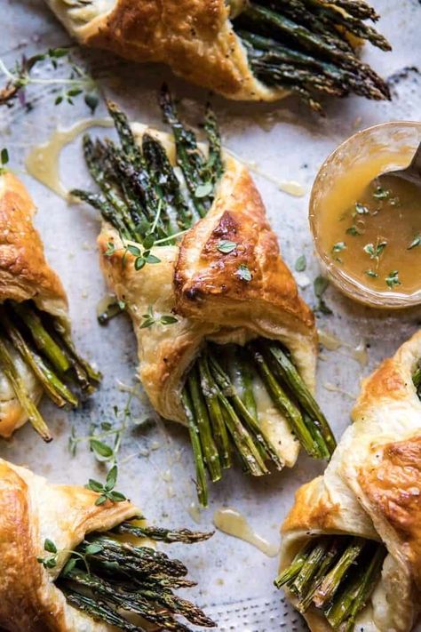 Asparagus and Brie Puff Pastry with Thyme Honey | halfbakedharvest.com Dessert Nachos Recipe, Side Dishes For Ham, Asparagus Wraps, Thyme Honey, Brie Puff Pastry, Pastry Appetizer, Savory Pastry, Crescent Roll Recipes, Frozen Puff Pastry