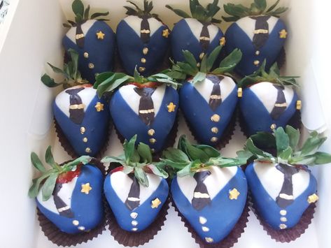 Police chocolate covered strawberries Police Strawberries, Police Chocolate Covered Strawberries, Strawberry Boxes, Strawberry Ideas, Strawberry Box, Edible Creations, Dessert Gifts, Chocolate Covered Treats, Police Gifts