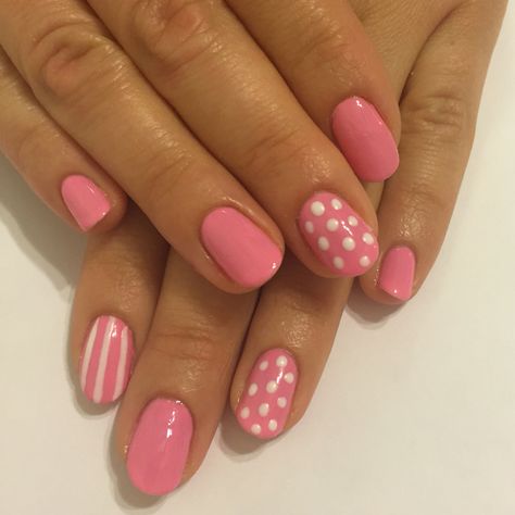 Pink nails with polka dots and strips Pocodot Nails, Pink Polka Dot Nails, Nails With Polka Dots, Acrylic Nails Pink, Acrylic Nails Summer, Nails Manicures, Polka Dot Nail Designs, Polka Dot Nail Art, Dot Nails