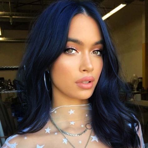 Blue Hair Over Black, Deep Blue Dyed Hair, Blue Black Hair With Curtain Bangs, Blue Black Hair On Brown Skin, Darkest Blue Hair, Dark Royal Blue Hair, Blue Velvet Hair Color, Midnight Indigo Hair Color, Blueish Brown Hair