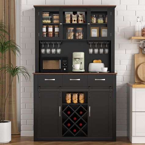 PRICES MAY VARY. 【AMPLE STORAGE SPACE】The farmhouse storage cabinet is a combination of a sideboard and an upper cabinet. The upper cabinet has 2 open shelves and 4 shelves with glass doors, which provide spacious storage space while helping you find items easily. In addition, the 3 drawers in the middle and the bottom cabinet provide additional space to store kitchen utensils. The powerful storage capacity of this cabinet ensures that everything you need is in order. 【SLIDING BARN DOOR】This hom Farmstead Kitchen, Luxurious Kitchen Design, Diy Kitchen Hacks, Tall Pantry Cabinet, Farmhouse Storage Cabinets, Food Storage Cabinet, Kitchen Cabinet Layout, Kitchen Storage Hacks, Pantry Storage Cabinet