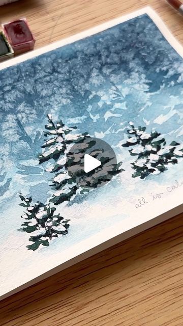 Winter Scene Cards, Winter Watercolors Simple, Watercolor Winter Landscape Tutorial, Watercolor Winter Art, Watercolor Art Christmas Cards, Christmas Watercolour Painting, Winter Watercolor Paintings Easy, Winter Watercolor Simple, Watercolor Christmas Cards Tutorial