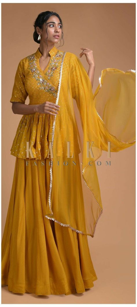 Yellow Peplum Top Outfit Indian, Mustard Color Outfits, Dress Cupboard, Palazzo Suits Indian, Peplum Top With Skirt, Male Croquis, Kurti Ideas, Mustard Yellow Outfit, Wedding Dresses For Women