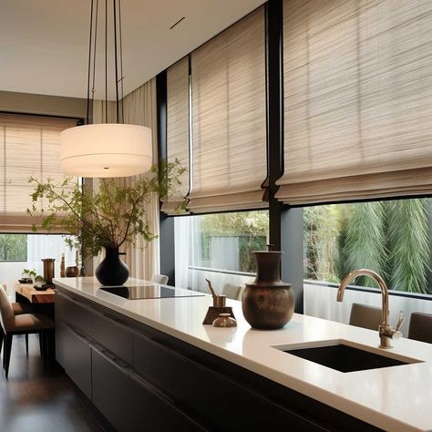 Kitchen With Two Windows, Modern Kitchen Window Treatments, Modern Roman Blinds, Big Window Curtains, Roman Blinds Kitchen, Kitchen Curtain Designs, Modern Kitchen Window, Kitchen Window Blinds, Kitchen Window Coverings