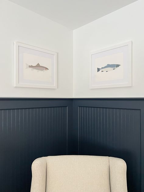 Dark Blue Beadboard, Beadboard Nursery, Beadboard Half Wall, Beadboard Bedroom, Boy Room Accent Wall, Blue Beadboard, Diy Board And Batten Wall, Navy Blue Nursery, Wainscoting Nursery