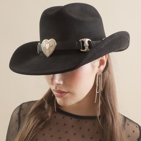 ultra glam closeup of our black heart buckle cowboy hat 🖤 model: @chelsey.malm hmua: @crystal.adrias photography: @robbklassen art direction/styling: @crystalmanke . . . . western style, trending style, western boutiques, country boutiques, country concert outfits, nashville outfits, black cowboy hat Heart Chain Belt, Cowboy Chic, Black Cowboy Hat, The Romantics, Western Boutique, Western Hat, Texas Girl, Nashville Outfits, Black Mesh Top