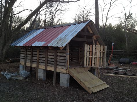 Pallet goat pen at Ferncliff Camp Goat Houses, Goat Pens, Goat Playground, Keeping Goats, Goat Shed, House Plans Design, Goat Shelter, Goat Pen, Goat House