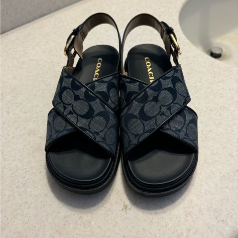 Denim Blue Coach Sandals Brand New, With The Box! Size 6.5 In Women’s White Sandals Flat, Coach Flip Flops, Navy Blue Sandals, Coach Sandals, Blue Coach, Embellished Heels, Kitten Heel Sandals, Girly Shoes, Womens Slides